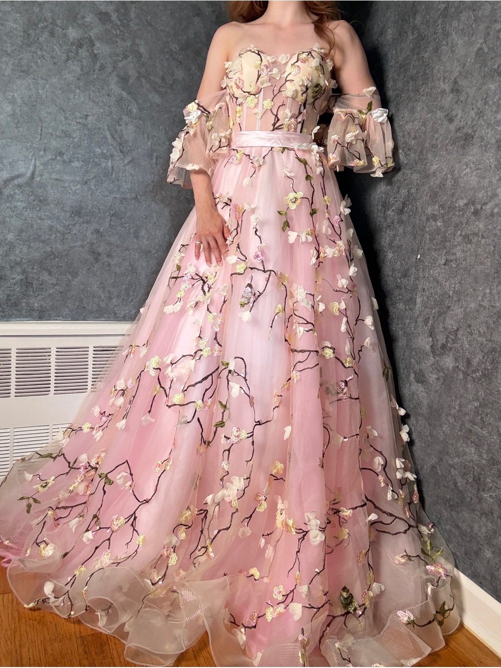 🌸 Handmade Pink Floral Wedding Dress — Off-the-Shoulder with Train 🌸